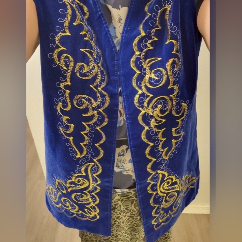 Vintage Kazakh Embroidered Blue Vest with Gold Accents, size 12